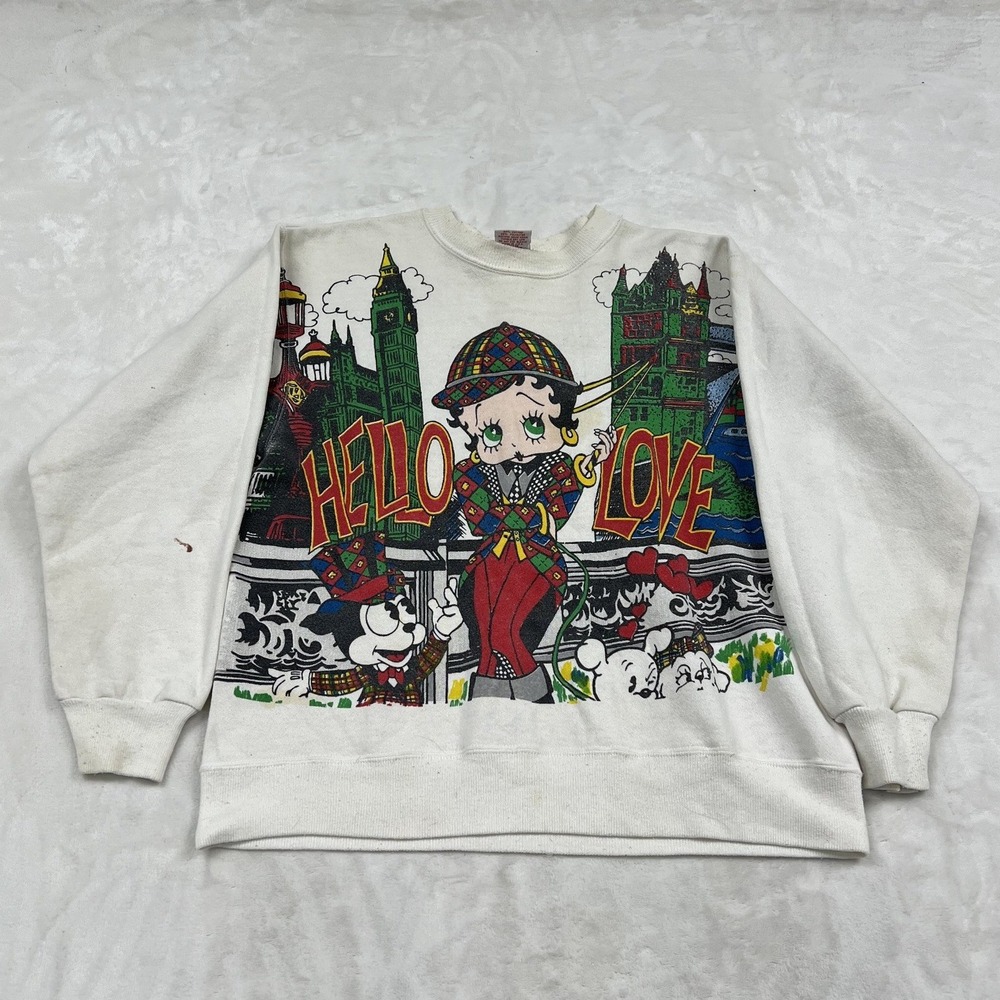 Betty Boop Sweatshirt Womens M White Vintage London Hello Love Graphic Pullover